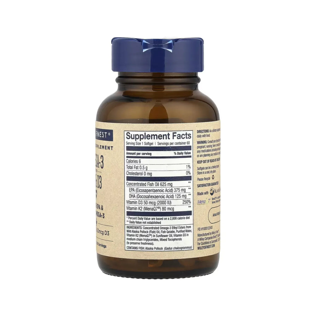 Wiley's Finest, Omega-3 con Vitaminas K2 y D3, 60 Cápsulas Blandas