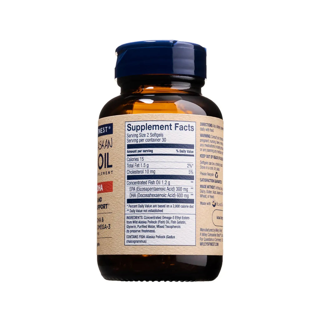 Wiley's Finest Aceite De Pescado Salvaje De Alaska, DHA Maximo, 60 Cápsulas Blandas