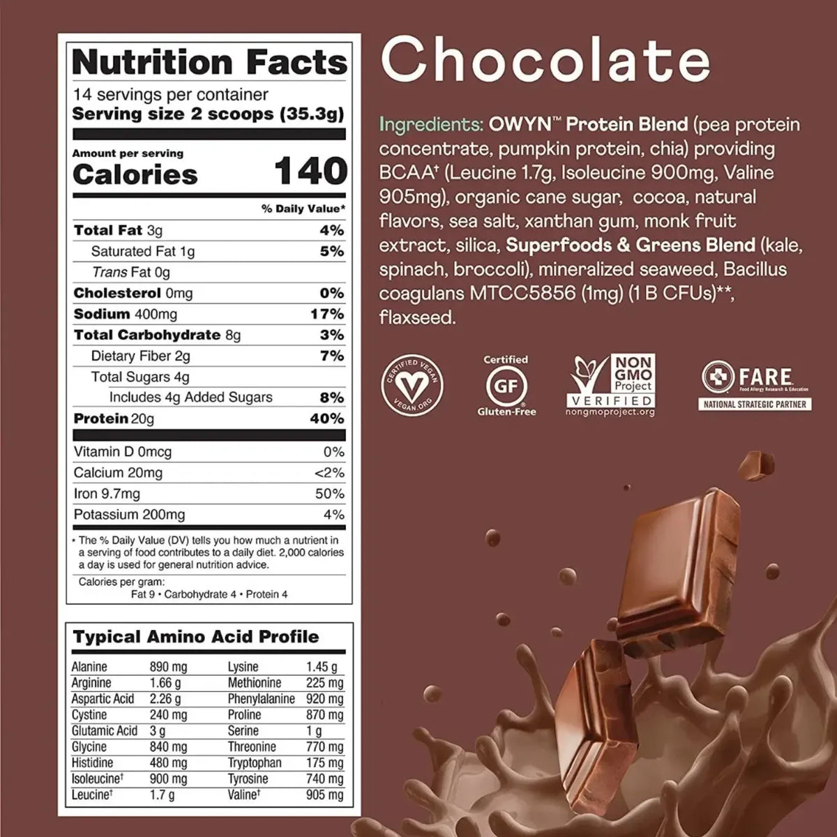OWYN Proteína Vegetal en Polvo | Sabor Chocolate Negro | 494 gr | 20 g de Proteína