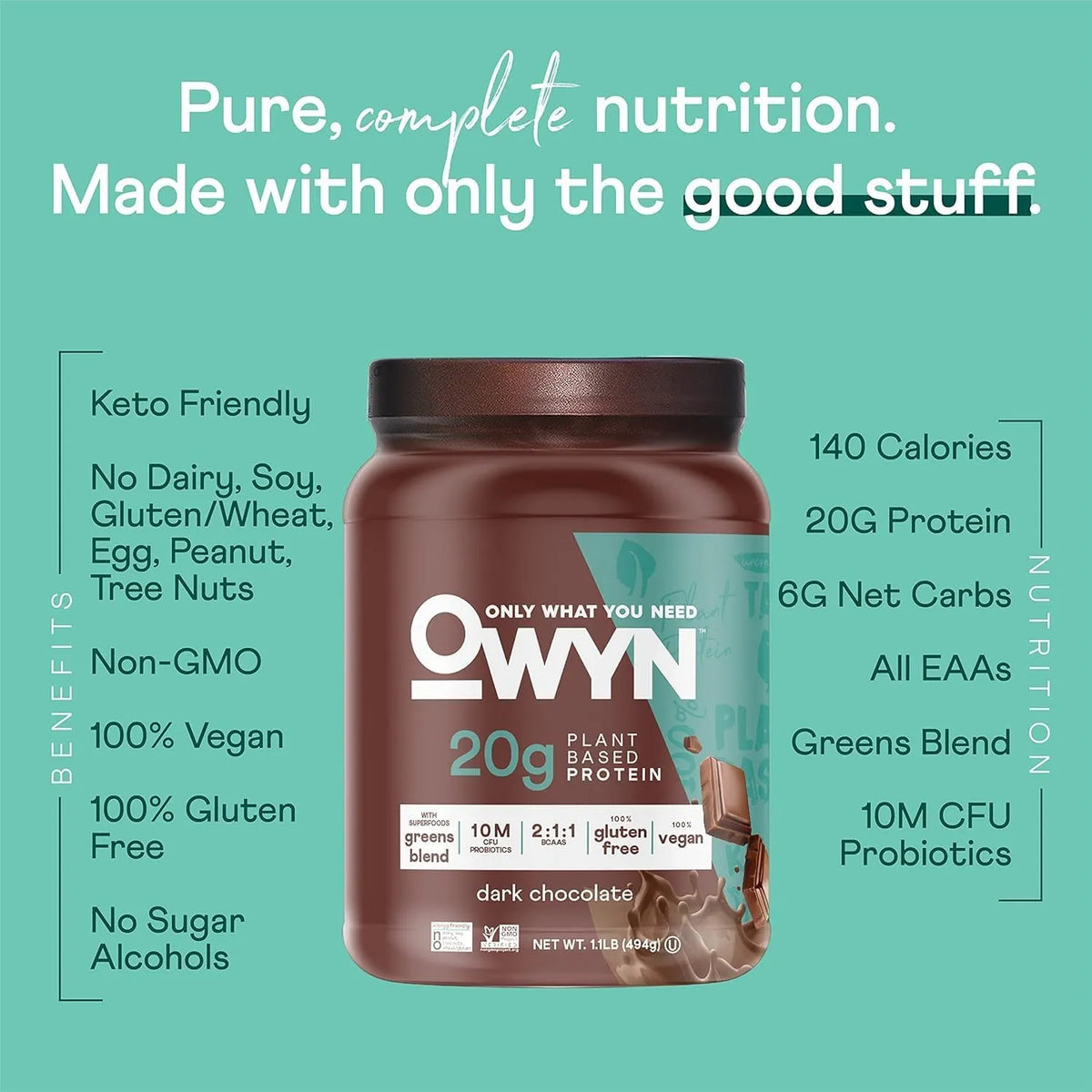 OWYN Proteína Vegetal en Polvo | Sabor Chocolate Negro | 494 gr | 20 g de Proteína
