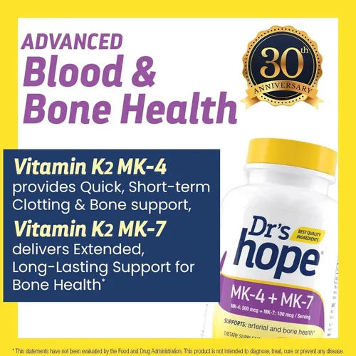 DRS HOPE | Vitamina K2 MK-4 500 mcg + MK-7 100 mcg | 90 Cápsulas Vegetales | Apoyo para Huesos y Salud Cardiovascular