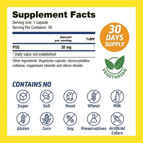 DR'S HOPE | PQQ Pirroloquinolina Quinona 20 mg | 30 Cápsulas Vegetales | Apoyo a la Energía Celular y Función Cognitiva