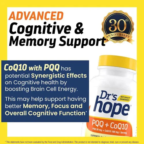 DR'S HOPE | PQQ 20 mg + CoQ10 Ubiquinol 100 mg | 60 Cápsulas Vegetales | Apoyo a la Energía Celular, Salud Cardiovascular y Cognitiva