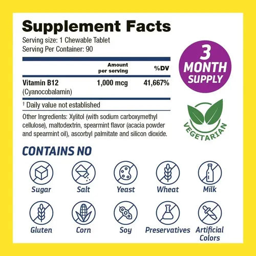 DR'S HOPE | Vitamina B12 con Xilitol 1000 mcg | 90 Tabletas Masticables Sabor Menta | Apoyo al Sistema Nervioso y Energía