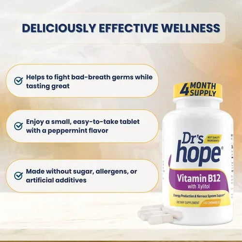 DR'S HOPE | Vitamina B12 con Xilitol 1000 mcg | 120 Tabletas Masticables Sabor Menta | Apoyo al Sistema Nervioso y Metabolismo Energético
