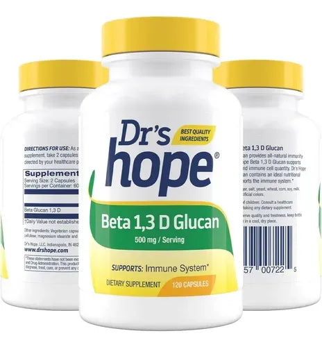 Drs Hope Beta 1,3 D Glucan 500 mg | 120 Cápsulas Vegetales | Apoyo Inmunológico y Bienestar General | Suplemento Alimenticio