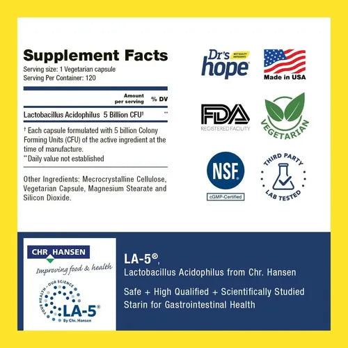 Drs Hope Lactobacillus Acidophilus BOOST 5 Billion CFU | 120 Cápsulas Vegetales | Salud Digestiva y Equilibrio Intestinal | Suplemento Alimenticio
