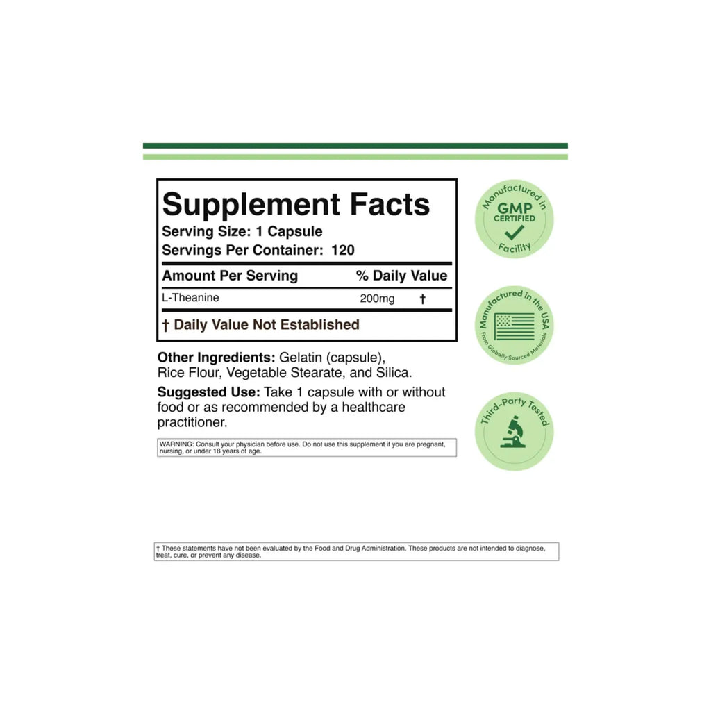 Double Wood Supplements L-Teanina 200 Promueve La Relajación Y El Sueño De Calidad, Sin Soja, Sin Gluten, Sin Omg 120 Cápsulas