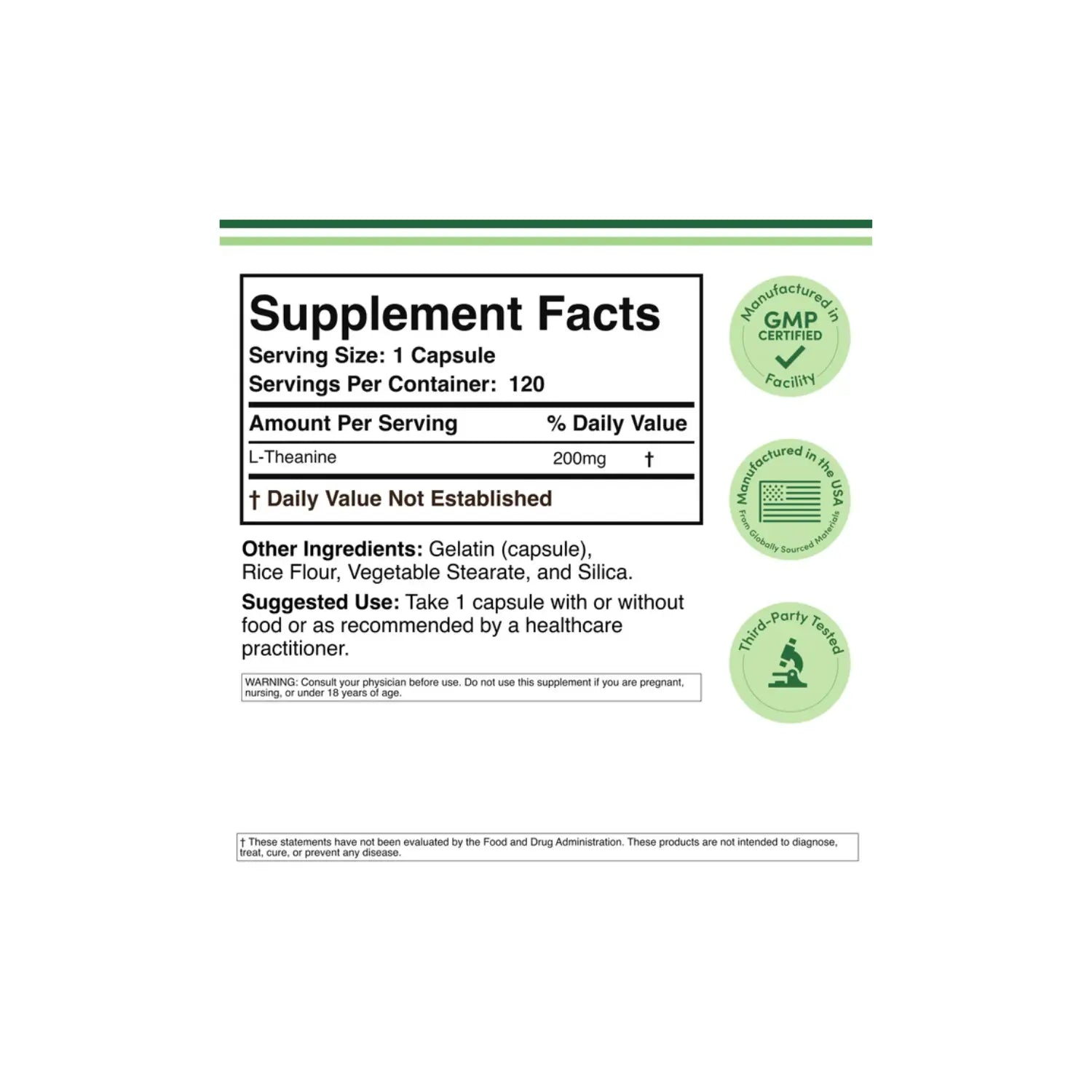 Double Wood Supplements L-Teanina 200 Promueve La Relajación Y El Sueño De Calidad, Sin Soja, Sin Gluten, Sin Omg 120 Cápsulas