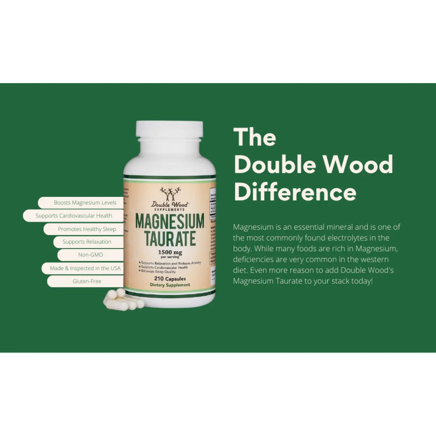 Double Wood Taurato De Magnesio 210 Caps 500 Mg Sfn
