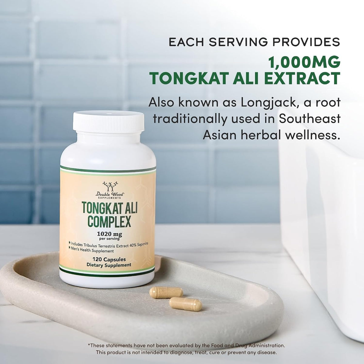 Double Wood Tongkat Ali 200:1 con Tribulus 1020 mg 120 Cápsulas Vegetales
