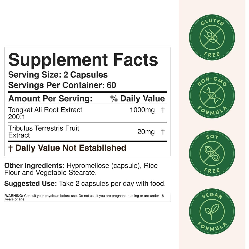 Double Wood Tongkat Ali 200:1 con Tribulus 1020 mg 120 Cápsulas Vegetales