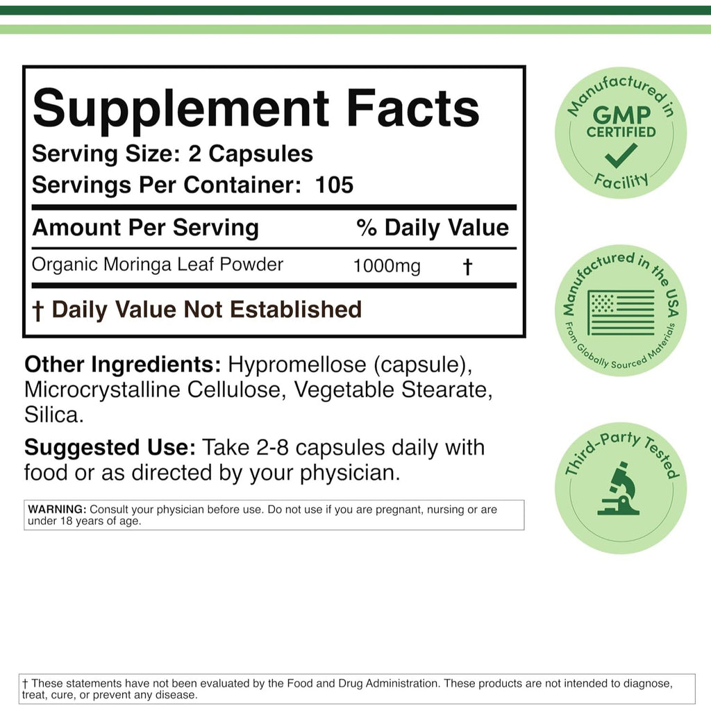 Double Wood Hoja de Moringa Orgánica 500 mg 210 Cápsulas Vegetales