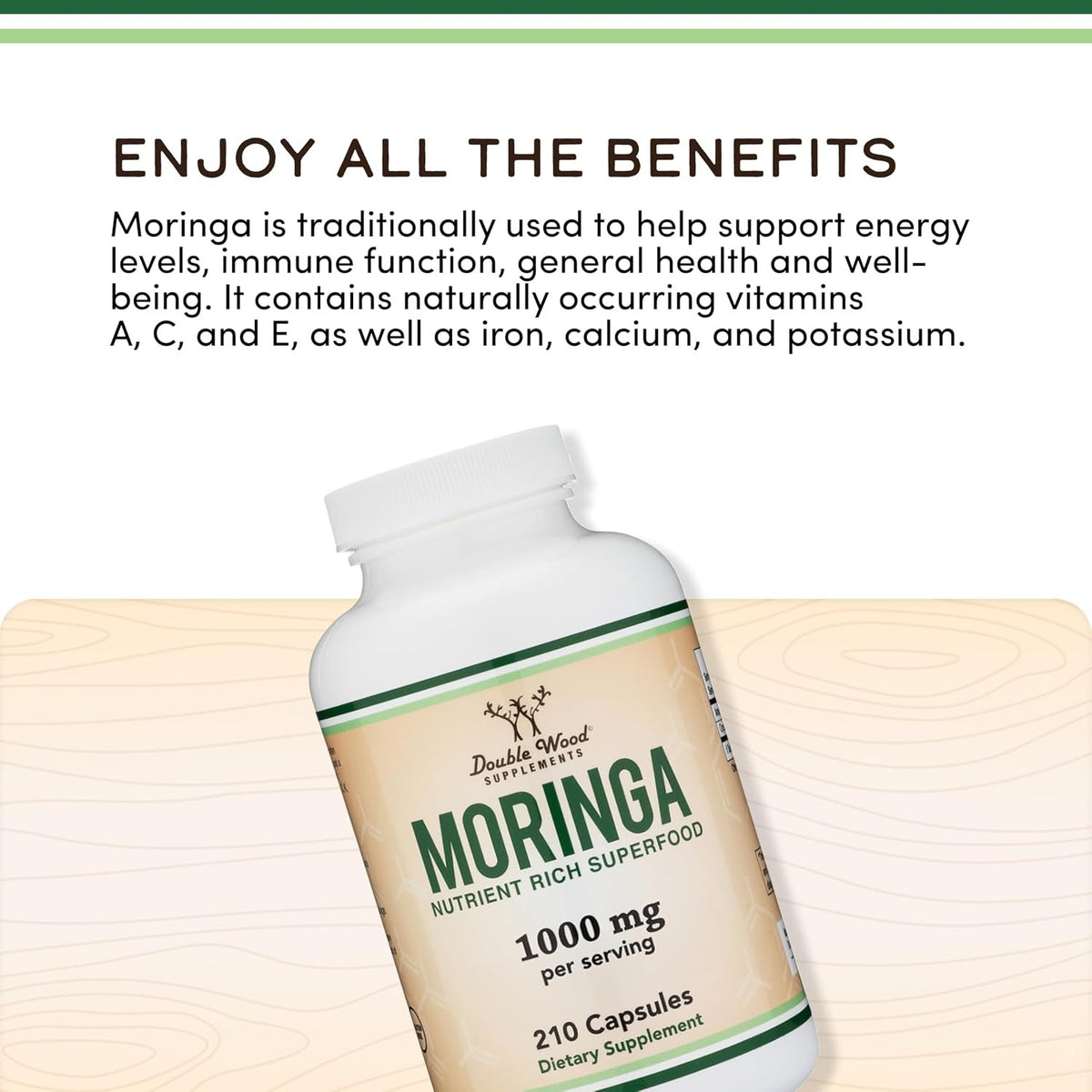 Double Wood Hoja de Moringa Orgánica 500 mg 210 Cápsulas Vegetales