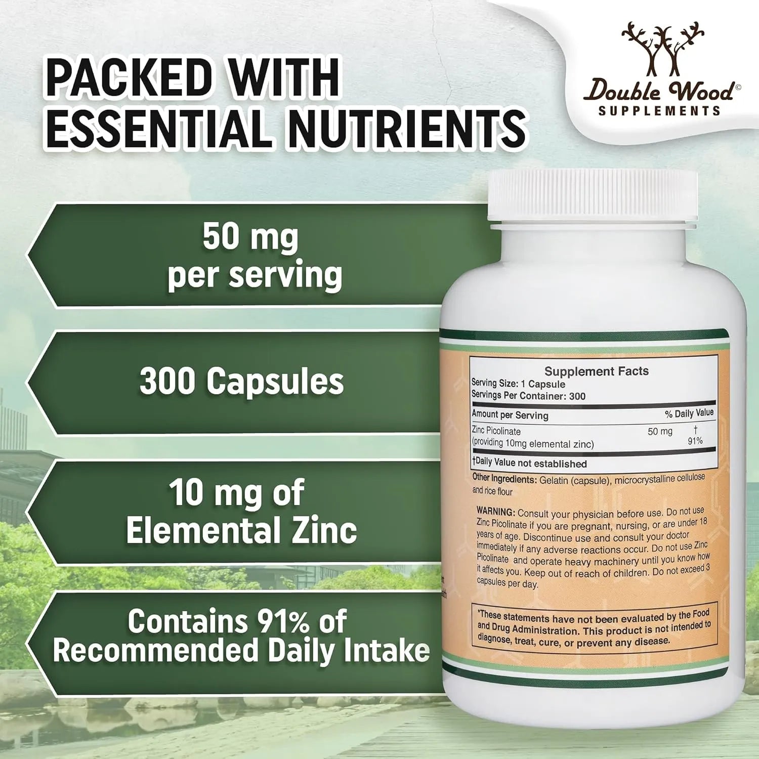 Double Wood Supplements Picolinato de zinc 50 mg 300caps Sfn