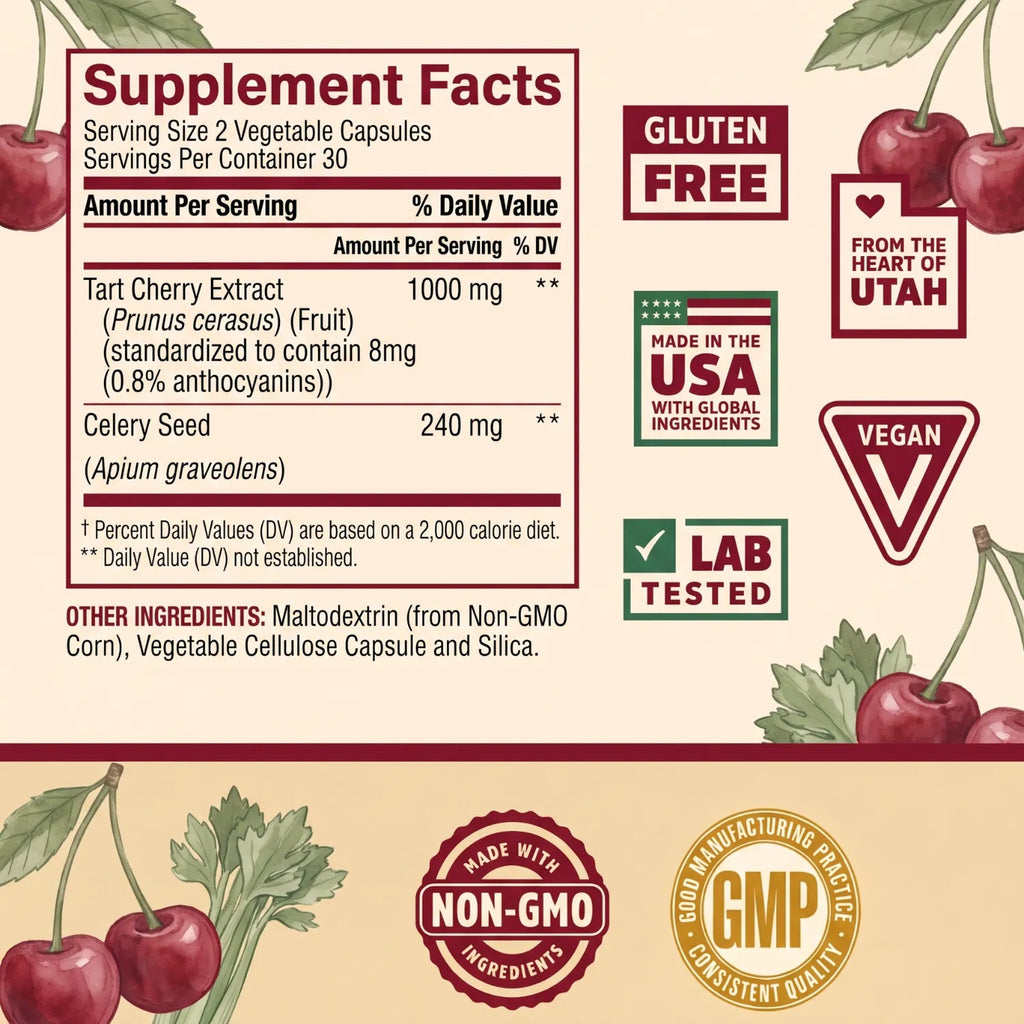 ZHOU Nutrition Cereza Agria y Semilla de Apio Sabor Cereza 60 Cápsulas Vegetales | 1,000 mg de Extracto de Cereza Agria por Porción | Apoyo antioxidante y bienestar articular | Con Semilla de Apio | Suplemento alimenticio