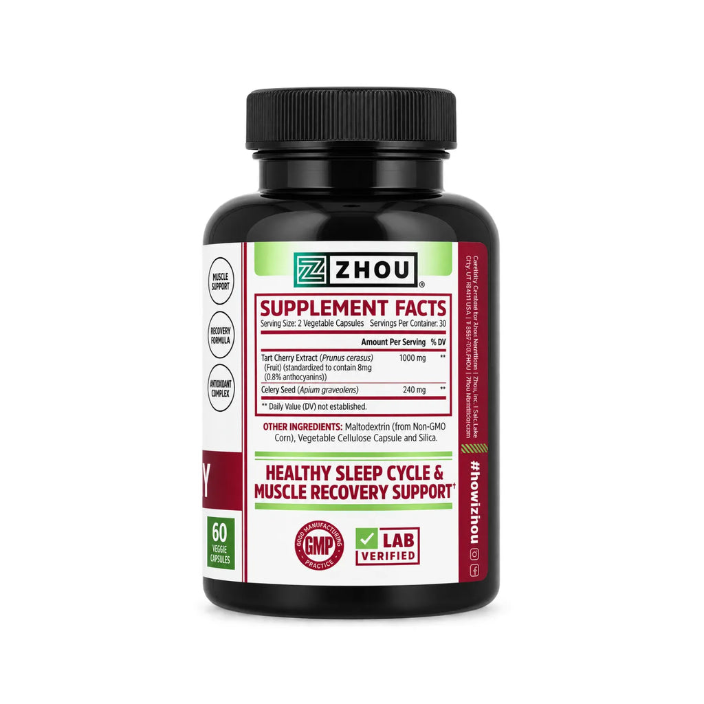 ZHOU Nutrition Cereza Agria y Semilla de Apio Sabor Cereza 60 Cápsulas Vegetales | 1,000 mg de Extracto de Cereza Agria por Porción | Apoyo antioxidante y bienestar articular | Con Semilla de Apio | Suplemento alimenticio