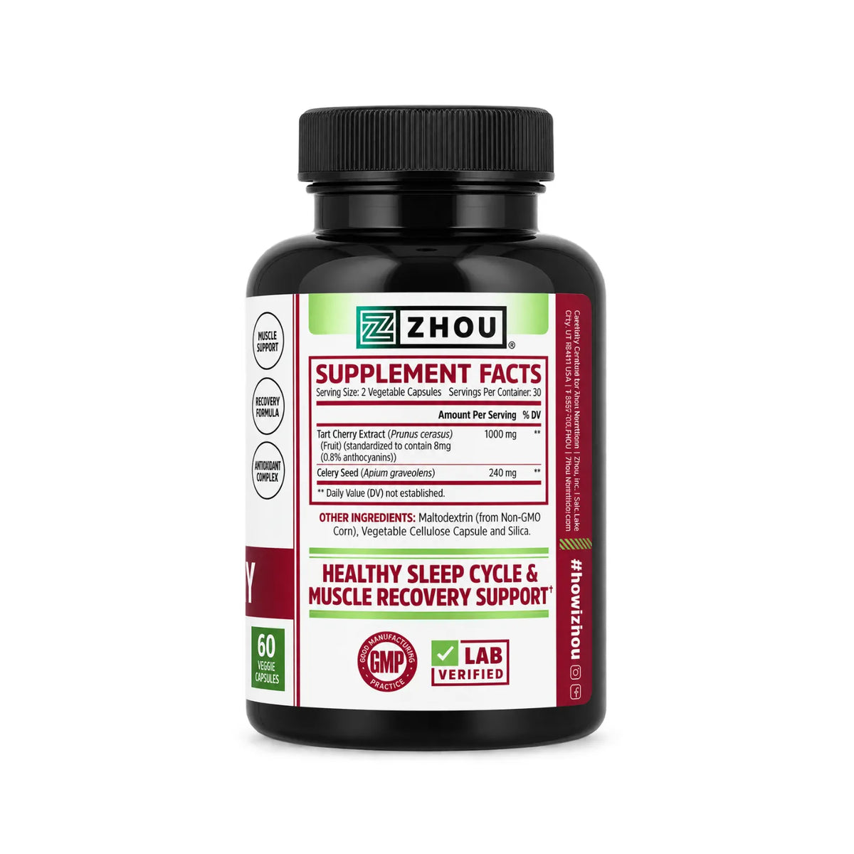 ZHOU Nutrition Cereza Agria y Semilla de Apio Sabor Cereza 60 Cápsulas Vegetales | 1,000 mg de Extracto de Cereza Agria por Porción | Apoyo antioxidante y bienestar articular | Con Semilla de Apio | Suplemento alimenticio