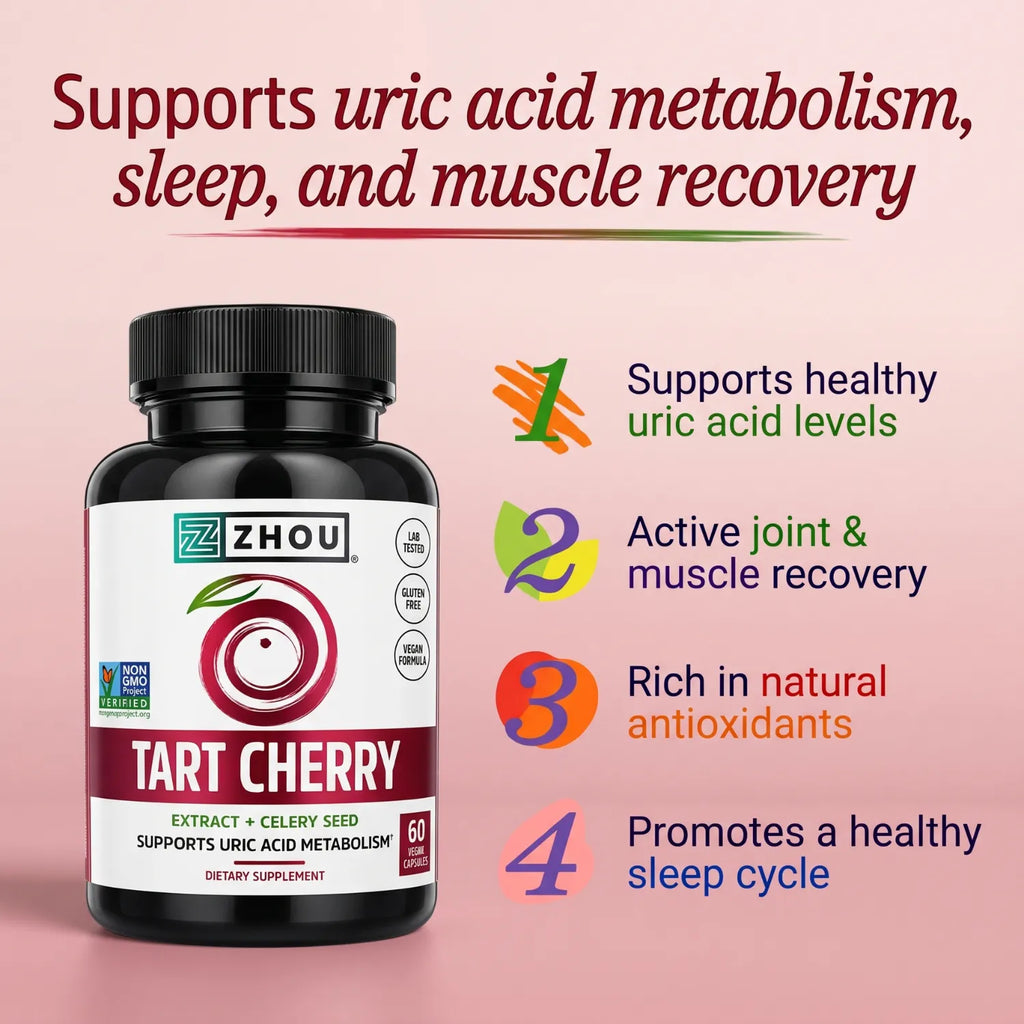 ZHOU Nutrition Cereza Agria y Semilla de Apio Sabor Cereza 60 Cápsulas Vegetales | 1,000 mg de Extracto de Cereza Agria por Porción | Apoyo antioxidante y bienestar articular | Con Semilla de Apio | Suplemento alimenticio