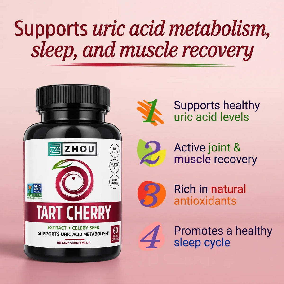 ZHOU Nutrition Cereza Agria y Semilla de Apio Sabor Cereza 60 Cápsulas Vegetales | 1,000 mg de Extracto de Cereza Agria por Porción | Apoyo antioxidante y bienestar articular | Con Semilla de Apio | Suplemento alimenticio