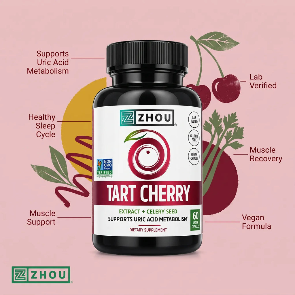 ZHOU Nutrition Cereza Agria y Semilla de Apio Sabor Cereza 60 Cápsulas Vegetales | 1,000 mg de Extracto de Cereza Agria por Porción | Apoyo antioxidante y bienestar articular | Con Semilla de Apio | Suplemento alimenticio
