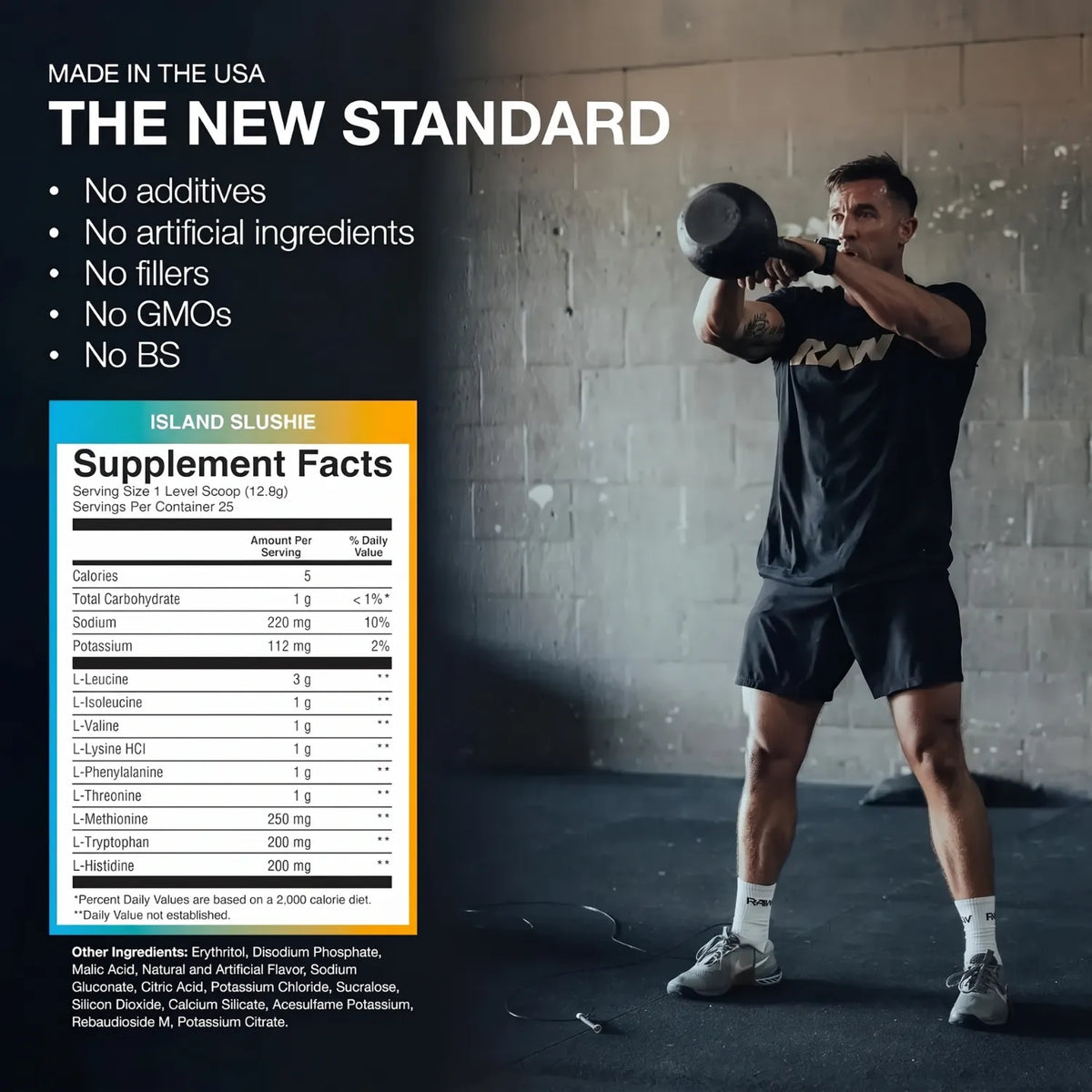 RAW Nutrition EAA Aminoácidos Esenciales 315 g | 25 Servicios | Sabor Island Slushie | 9 Aminoácidos Esenciales | 3 g de L-Leucina por porción | Fórmula sin estimulantes | Suplemento alimenticio