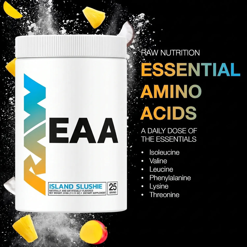RAW Nutrition EAA Aminoácidos Esenciales 315 g | 25 Servicios | Sabor Island Slushie | 9 Aminoácidos Esenciales | 3 g de L-Leucina por porción | Fórmula sin estimulantes | Suplemento alimenticio
