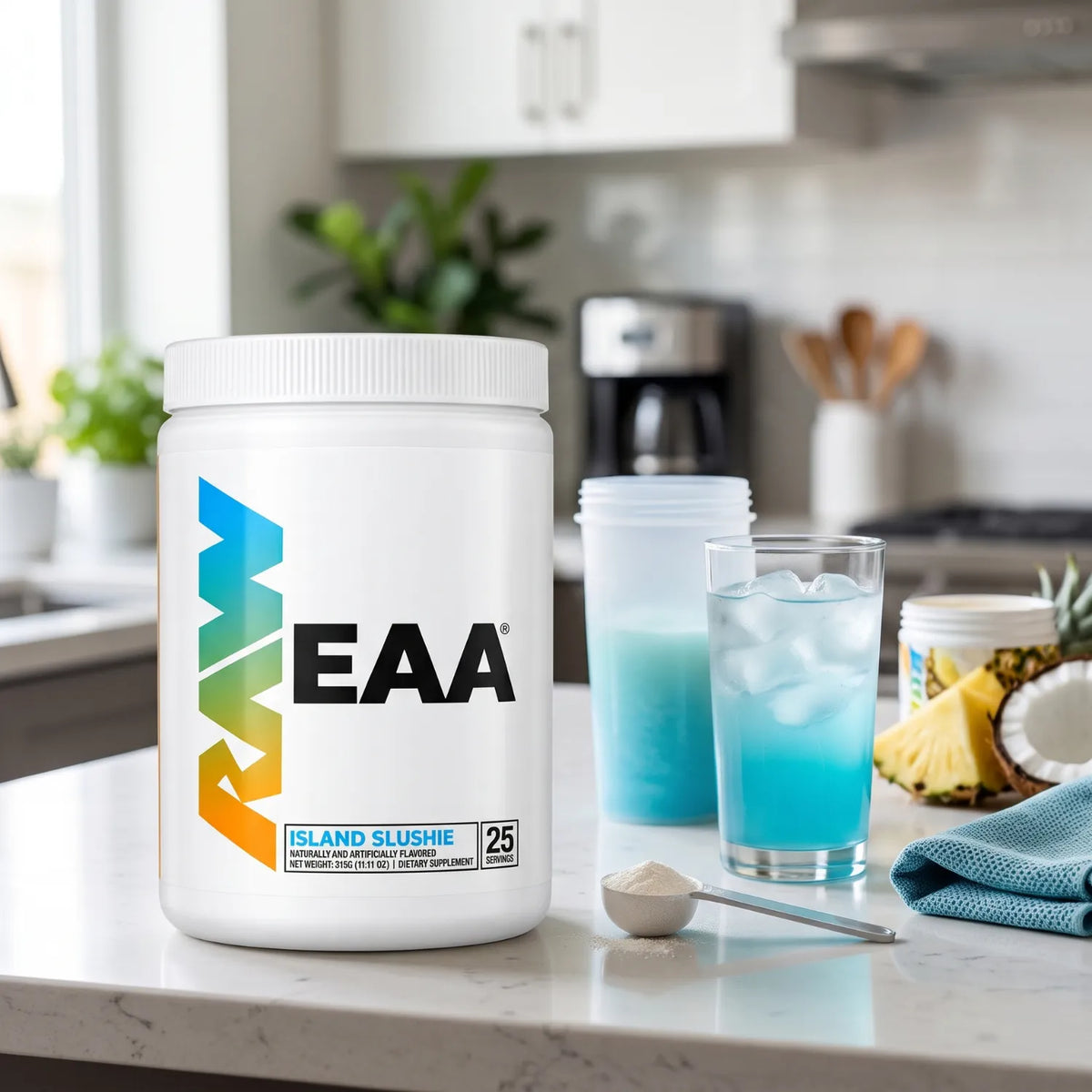 RAW Nutrition EAA Aminoácidos Esenciales 315 g | 25 Servicios | Sabor Island Slushie | 9 Aminoácidos Esenciales | 3 g de L-Leucina por porción | Fórmula sin estimulantes | Suplemento alimenticio