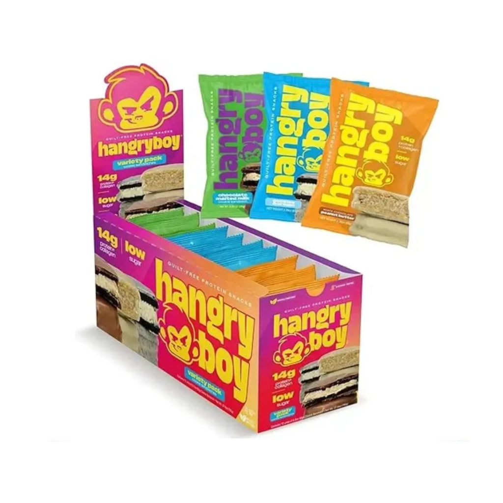 HANGRYBOY | Snack Proteico Galletas Sándwich Variedad de Sabores | 12 Piezas de 65 g | 14 g de Proteína por Pieza | Apoyo Nutricional y Muscular