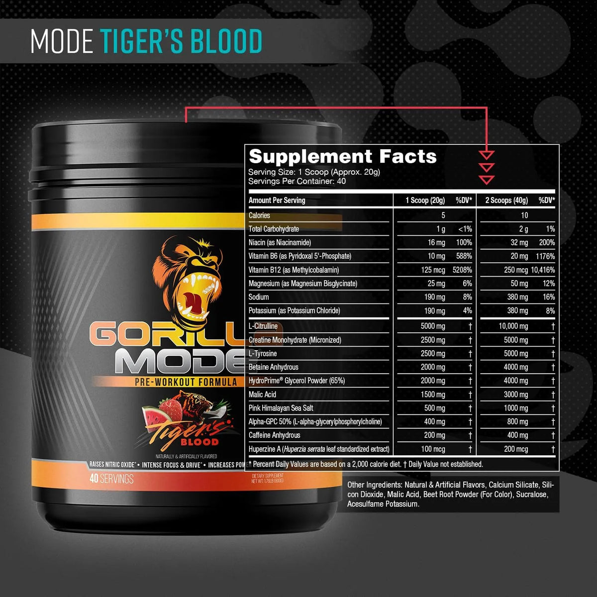 Gorilla Mode Pre Workout | Pre Entreno con Citrulina, Creatina y Cafeína | 40 Servicios | Sabor Tiger's Blood