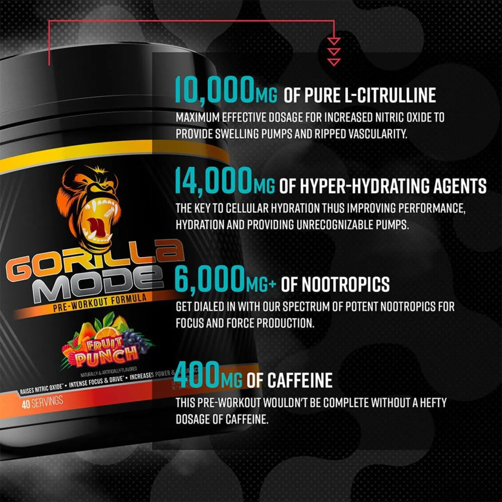 Gorilla Mode Pre Workout | Pre Entreno con Citrulina, Creatina y Cafeína | 40 Servicios | Sabor Tiger's Blood