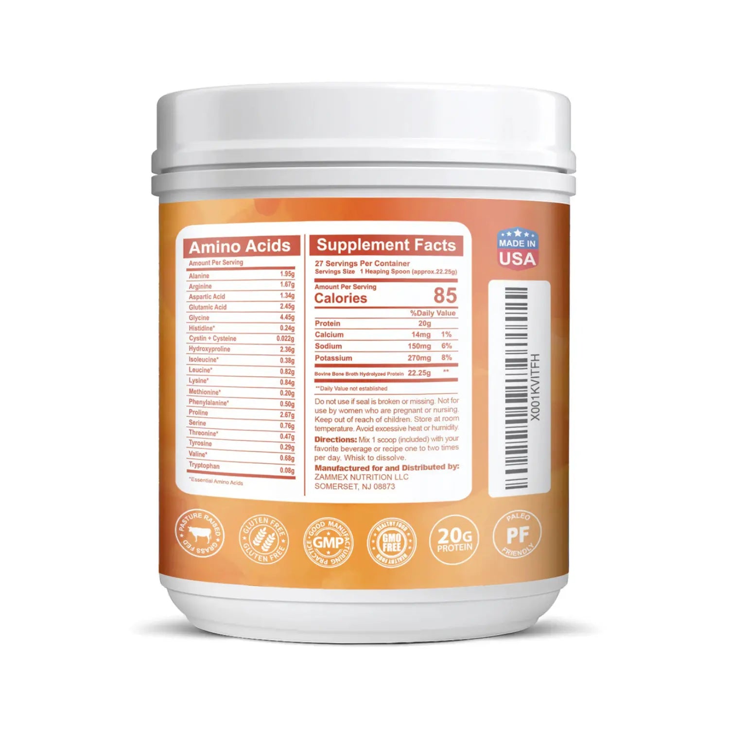 Zammex Proteína de Caldo de Hueso de Res 27 servs 600 grs SFN sin sabor