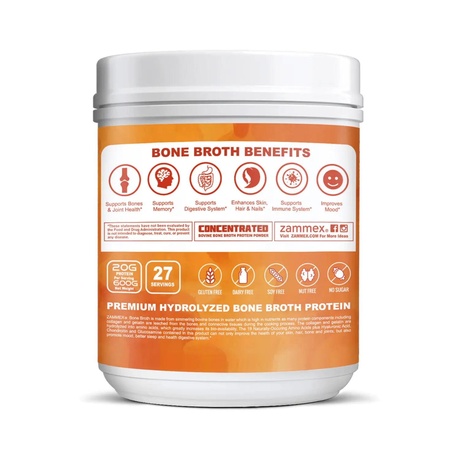 Zammex Proteína de Caldo de Hueso de Res 27 servs 600 grs SFN sin sabor
