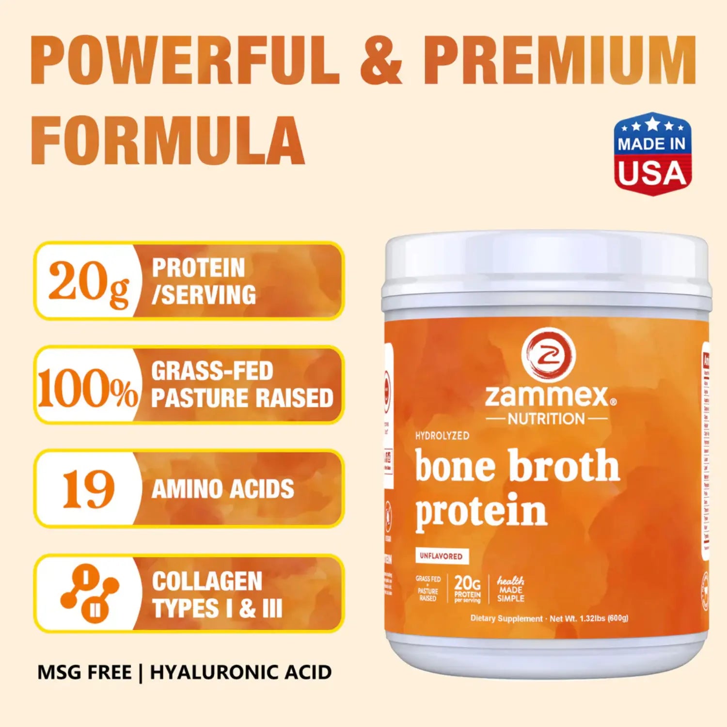 Zammex Proteína de Caldo de Hueso de Res 27 servs 600 grs SFN sin sabor