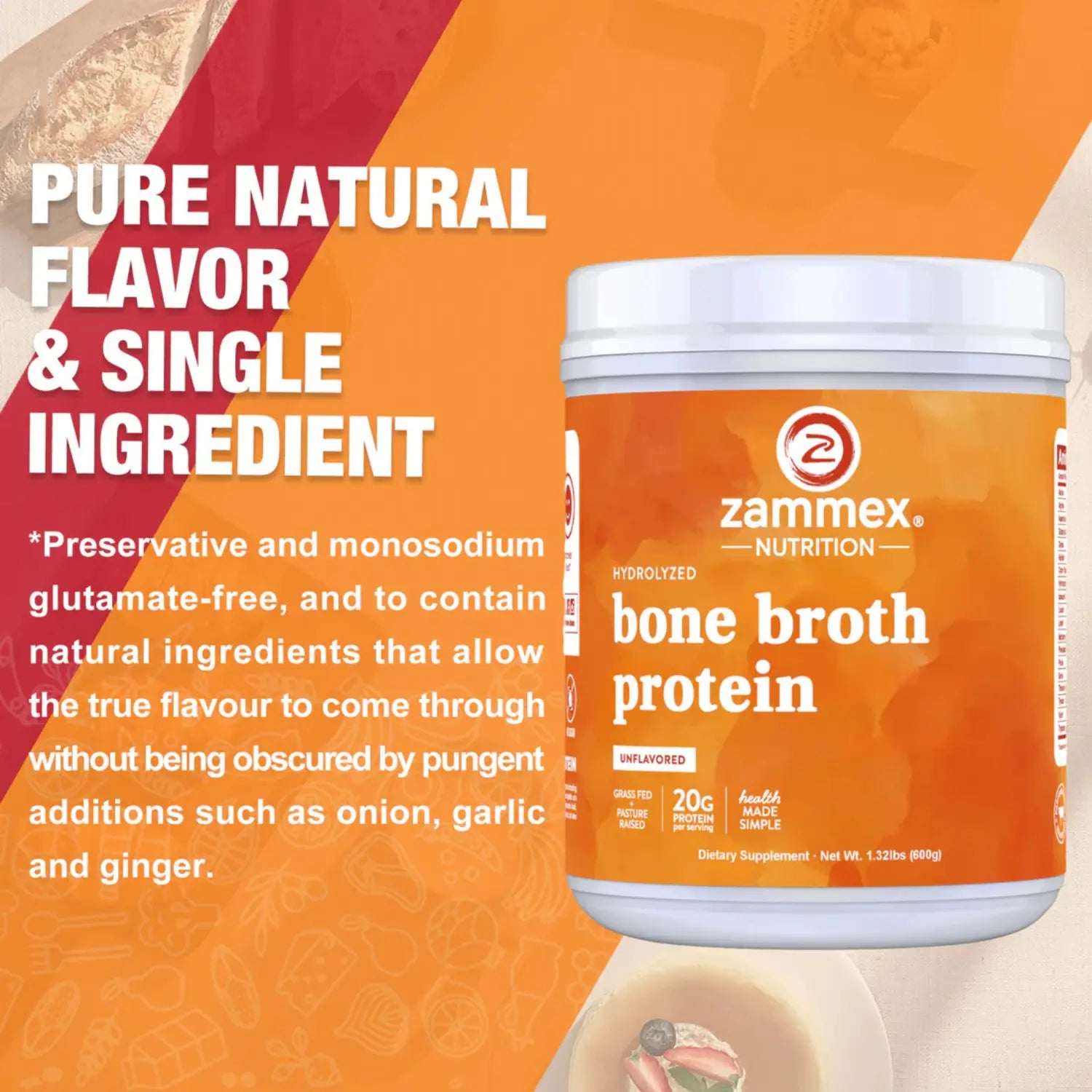Zammex Proteína de Caldo de Hueso de Res 27 servs 600 grs SFN sin sabor