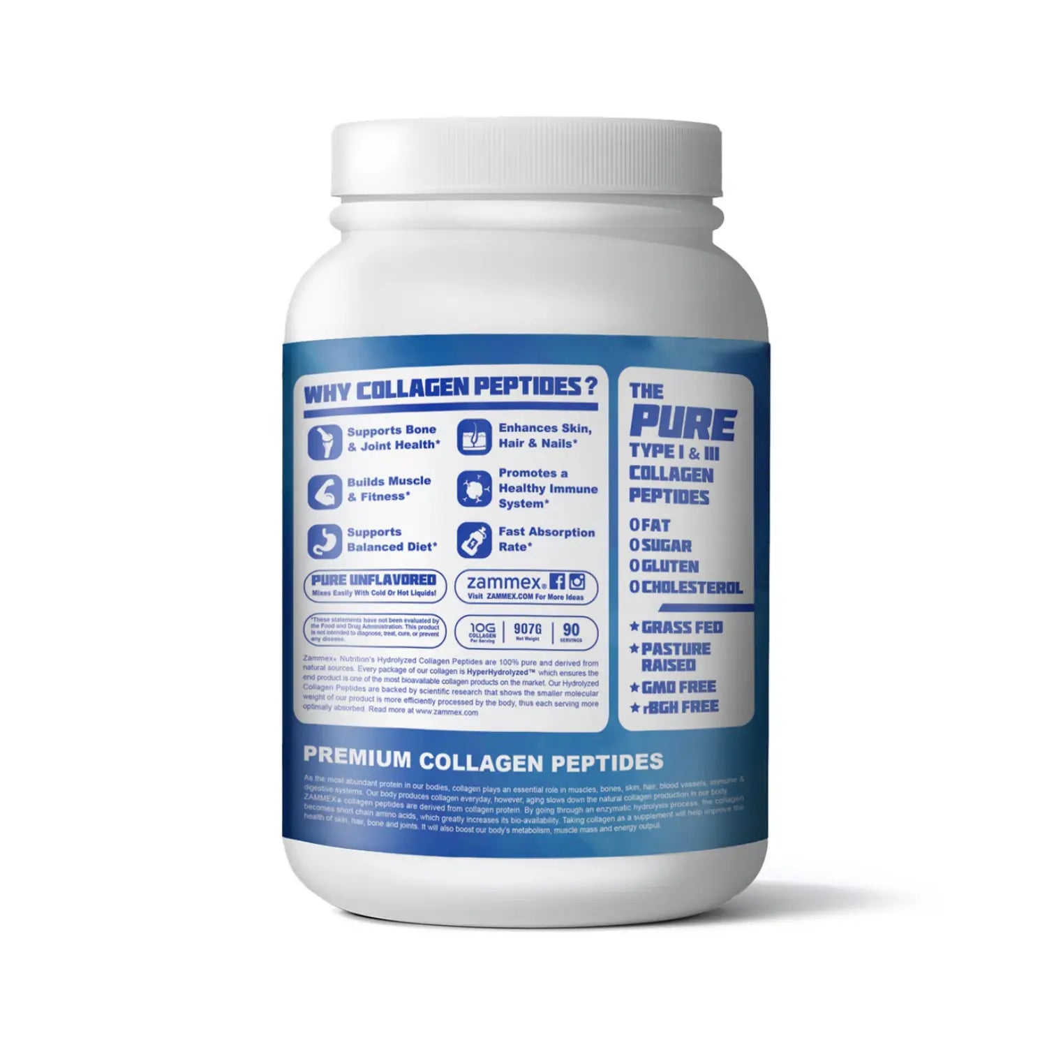 Zammex peptidos de colageno en polvo 900 grs 90 Servs SFN sin sabor