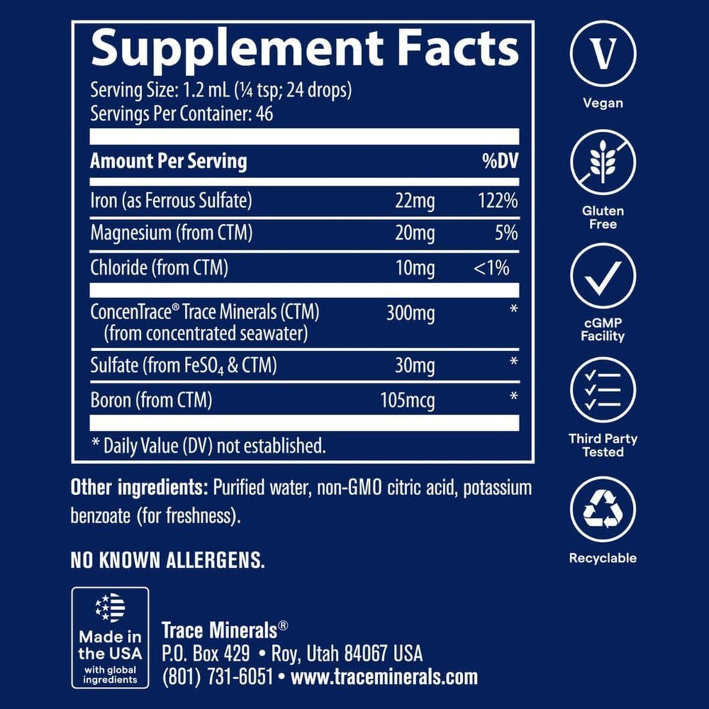 Trace Minerals Hierro Líquido 22mg Gotero Función Cognitiva Sin Sabor – Minerales