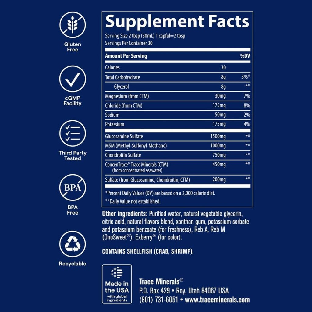 Trace Minerals Glucosamina Condroitina Msm Líquida 32 Oz Sabor Blueberry – Bienestar Articular