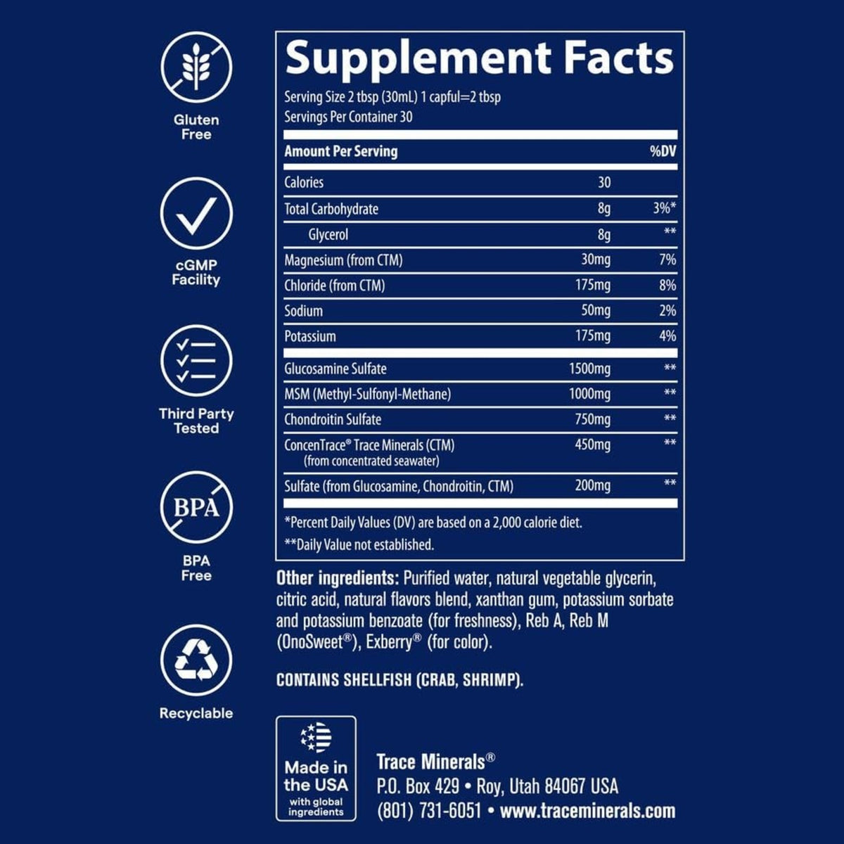 Trace Minerals Glucosamina Condroitina Msm Líquida 32 Oz Sabor Blueberry – Bienestar Articular