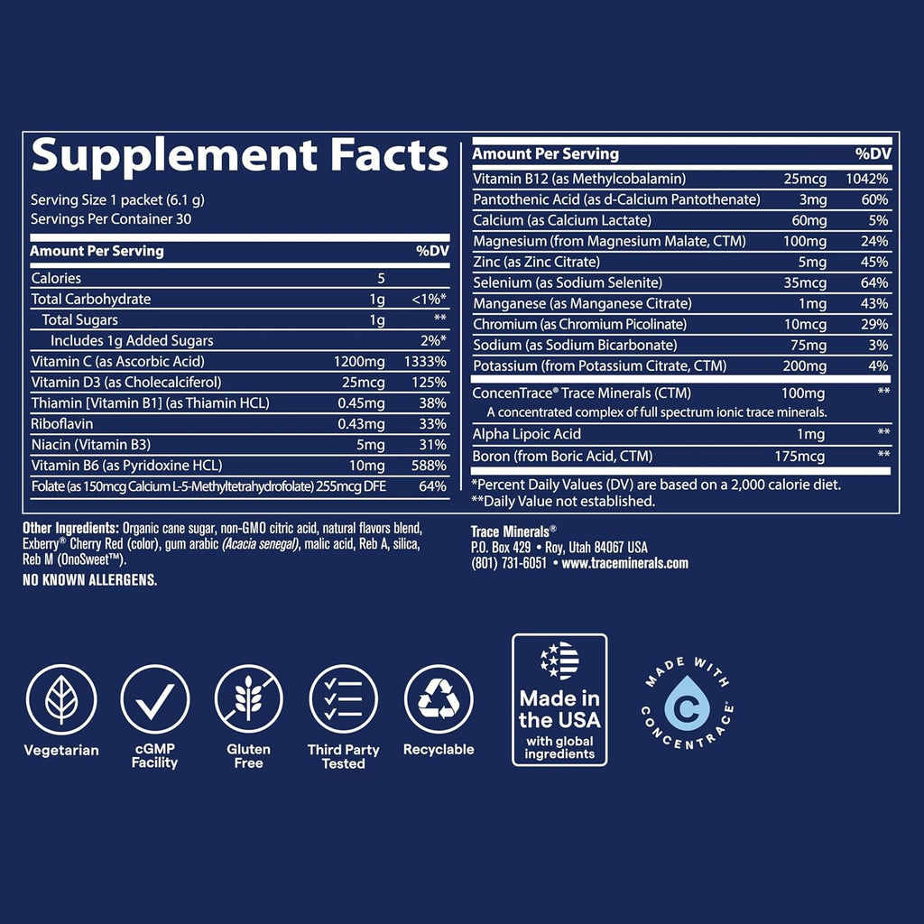 Trace Minerals Vitaminas Electrolitos Pack 30 Sobres Sabor Arándano – Hidratación