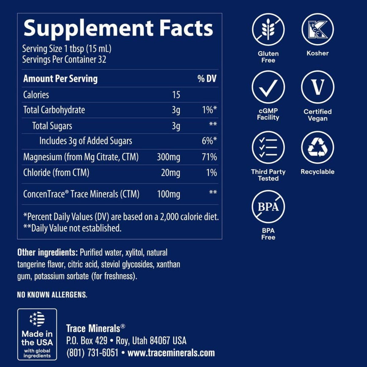 Trace Minerals Magnesio Líquido Sabor Mandarina 473ml Libre Gluten Vegano – Minerales