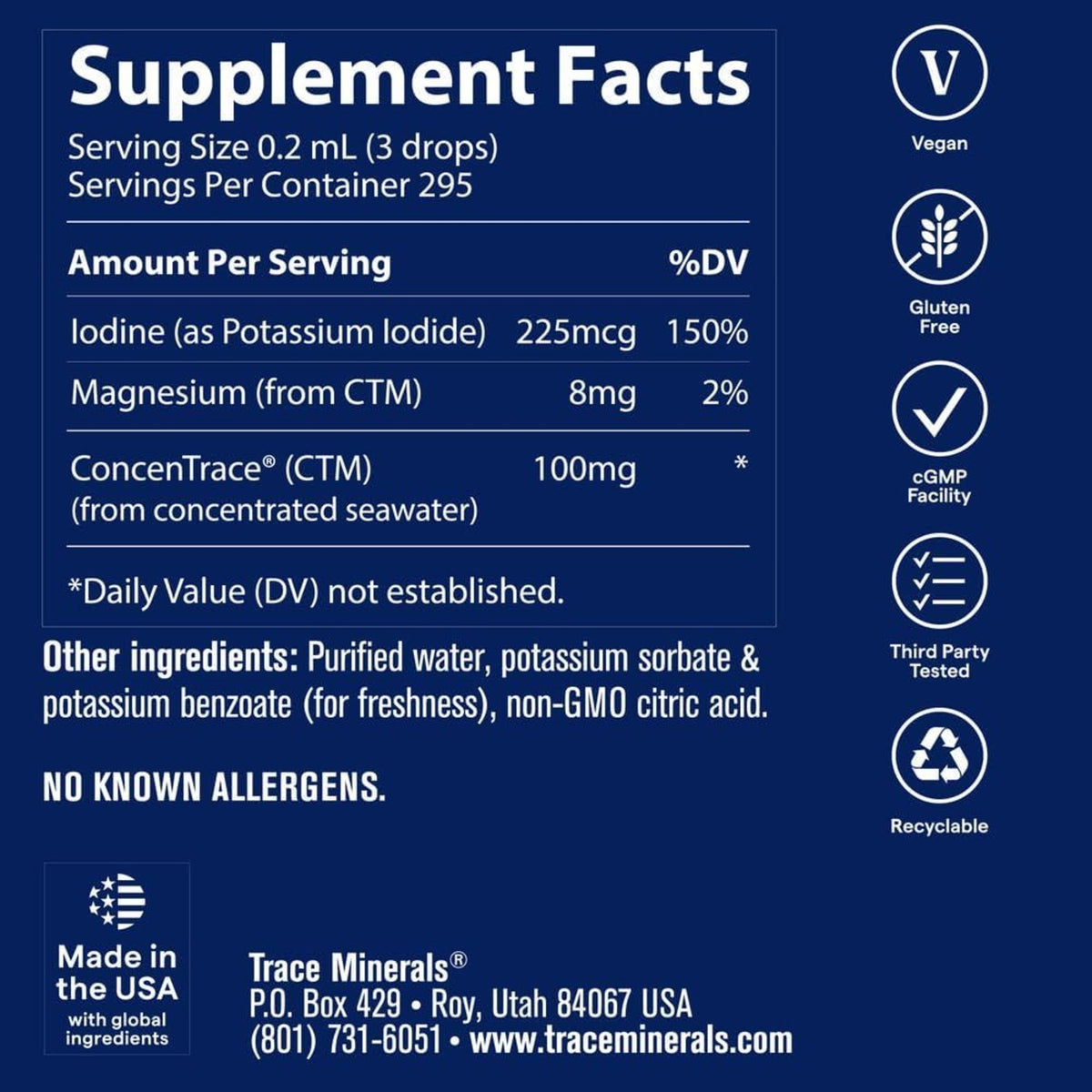 Trace Minerals Yodo Líquido  225mcg 59ml Sin Sabor Vegano