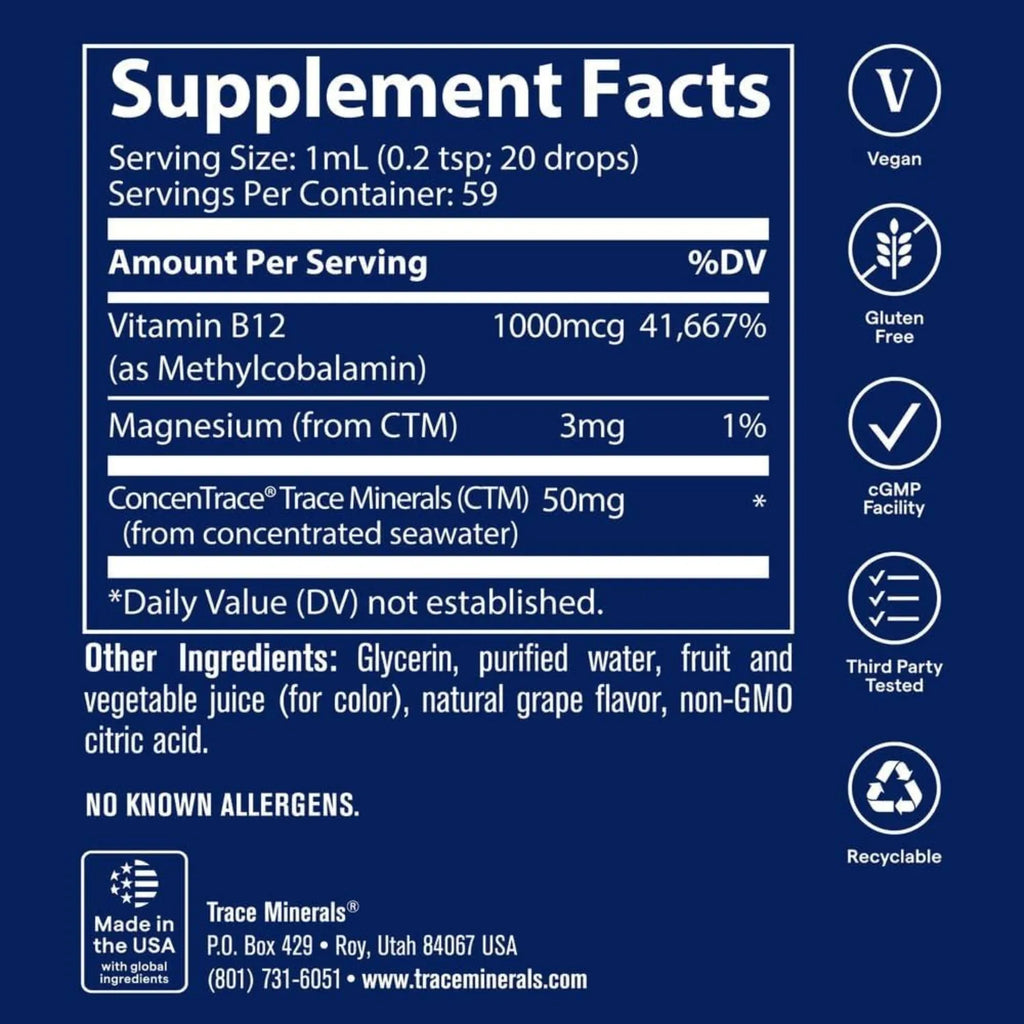 Trace Minerals Vitamina Iónica Líquida B12 1000 mcg sabor uva 59 ml