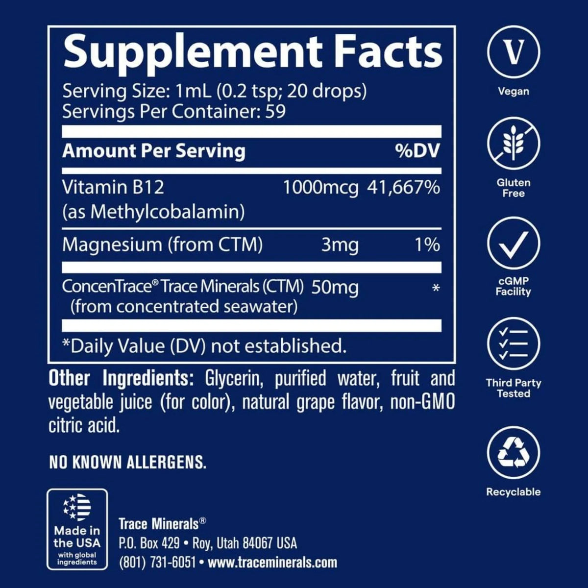 Trace Minerals Vitamina Iónica Líquida B12 1000 mcg sabor uva 59 ml
