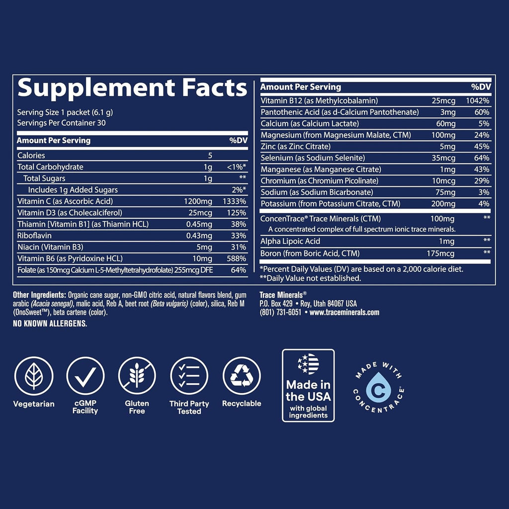 Trace Minerals Power Pak Electrolitos Stamina Inmunidad Sabor Maracuyá Sin OMG 30 Sobres