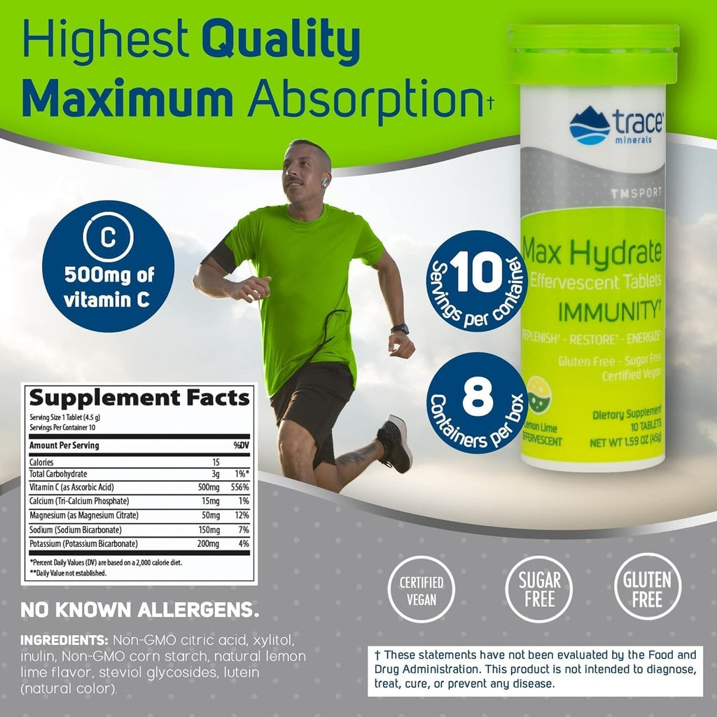 Trace Minerals Comprimidos Efervescentes Max-hydrate Inmunidad Lima Limón Magnesio – Minerales