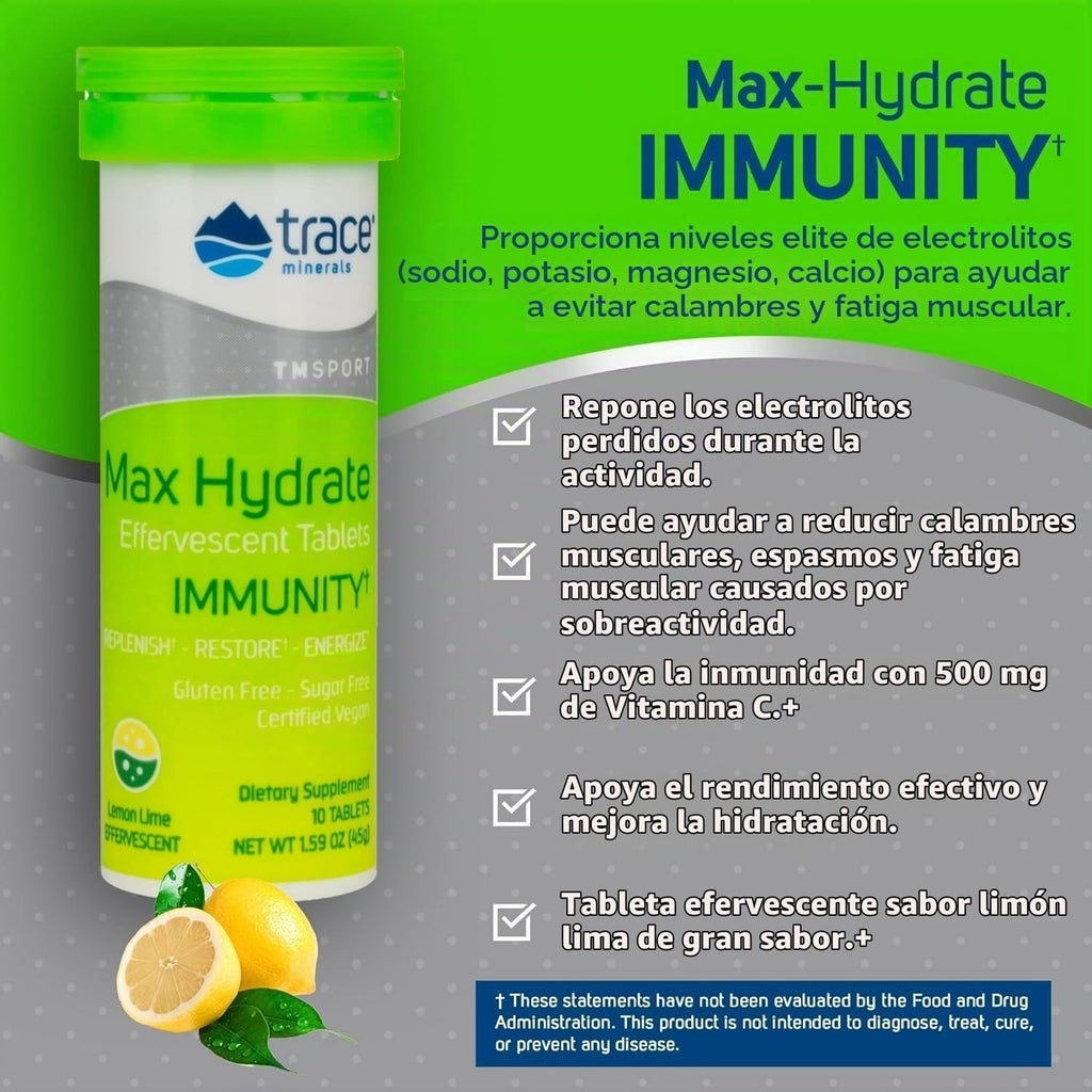 Trace Minerals Comprimidos Efervescentes Max-hydrate Inmunidad Lima Limón Magnesio – Minerales