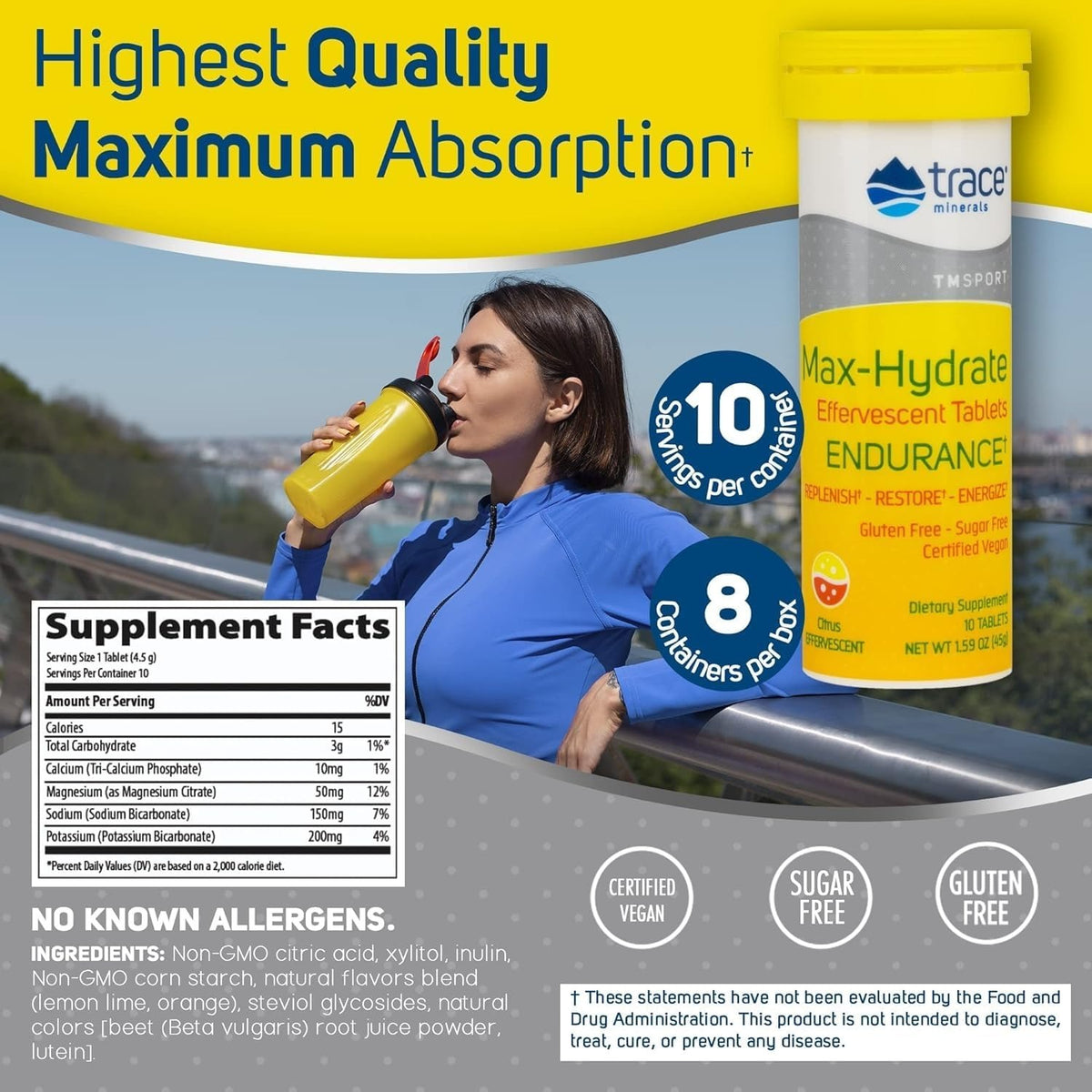 Trace Minerals Max-hydrate Resistencia, 8-10 Tabletas 360g Sabor Citricos Citrus