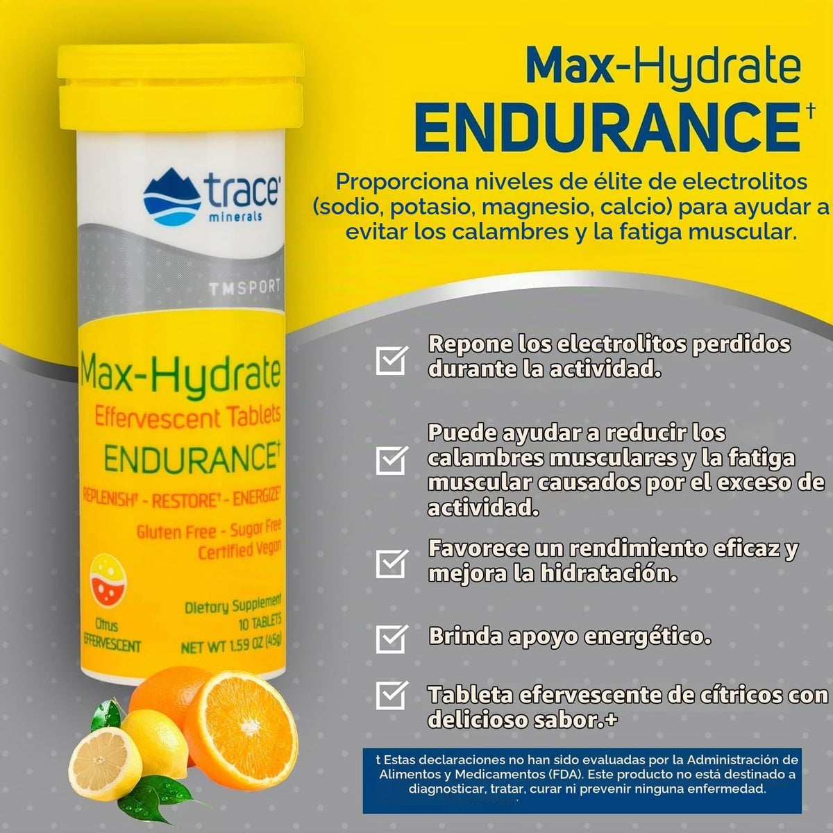 Trace Minerals Max-hydrate Resistencia, 8-10 Tabletas 360g Sabor Citricos Citrus