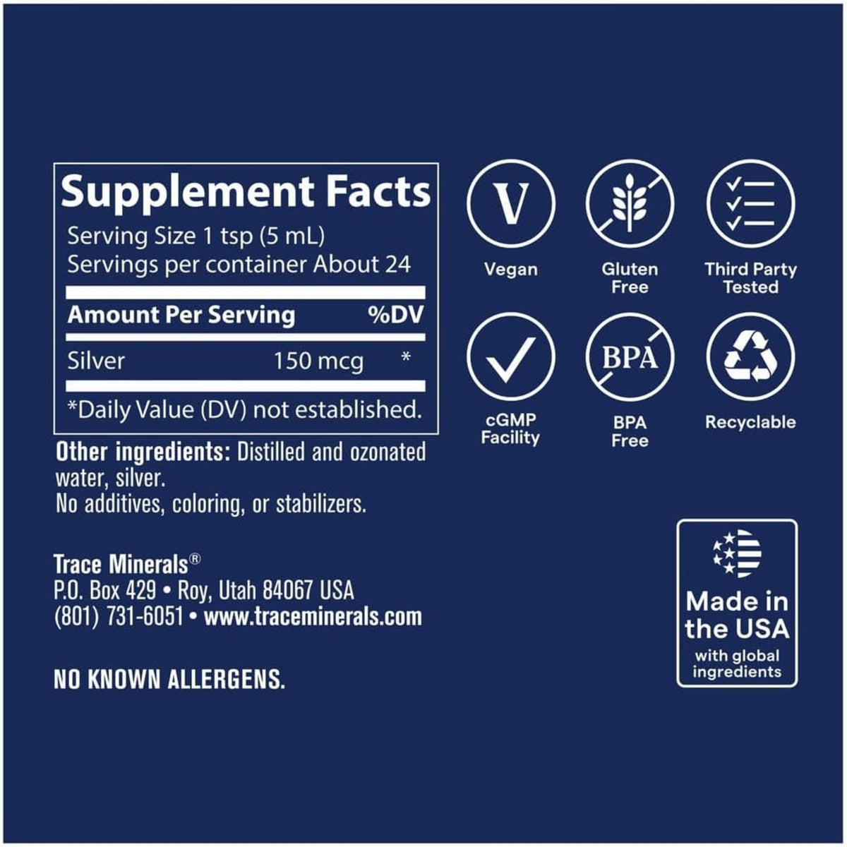 Trace Minerals Plata Coloidal 118ml, 30ppm/Porciones Sin Sabor